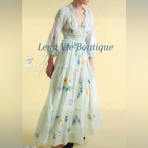 Summer Island Daisy Blooms Floral Embroidered Cotton Maxi Dress - Picture 6 of 14